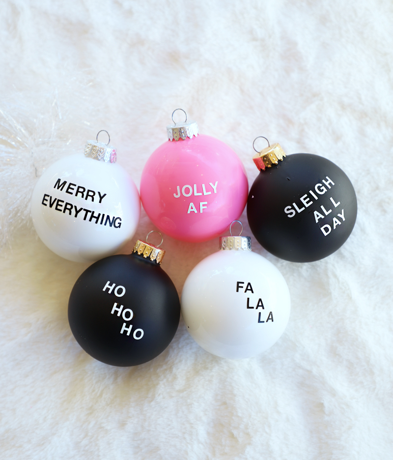 pink black and white christmas ornaments with funny sayings